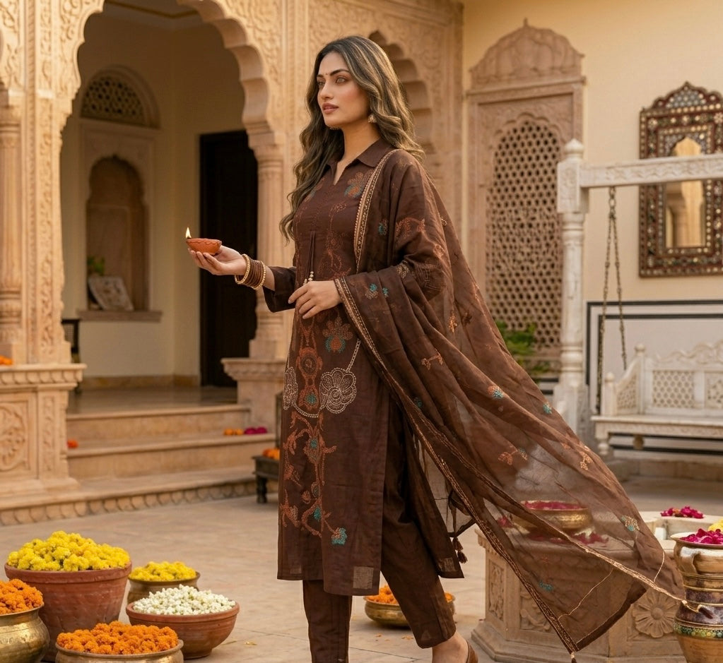 Earthy Elegance Cross Stitch Dupatta Set