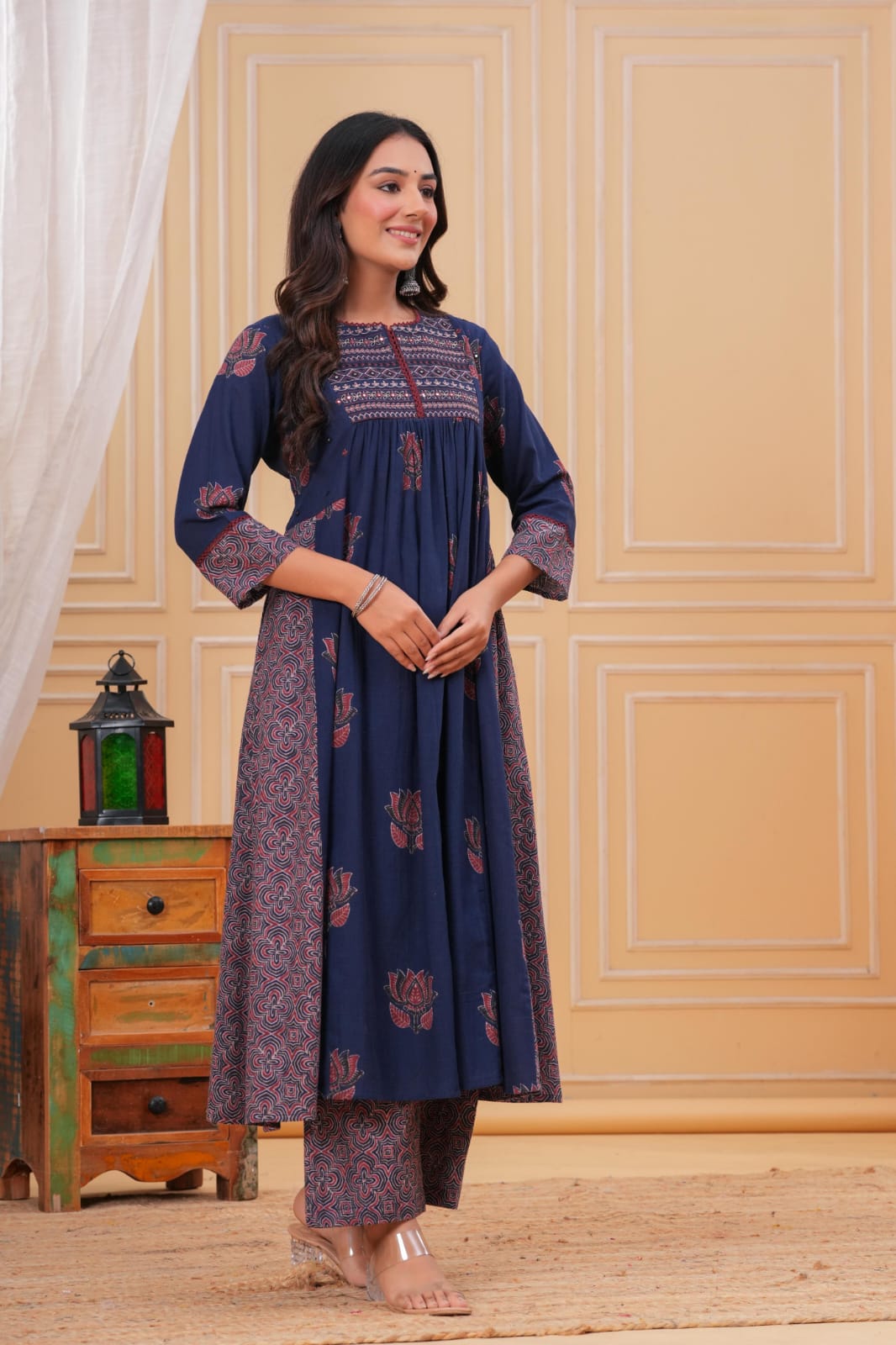 Lotus Print Cotton Flared Anarkali Kurti Set