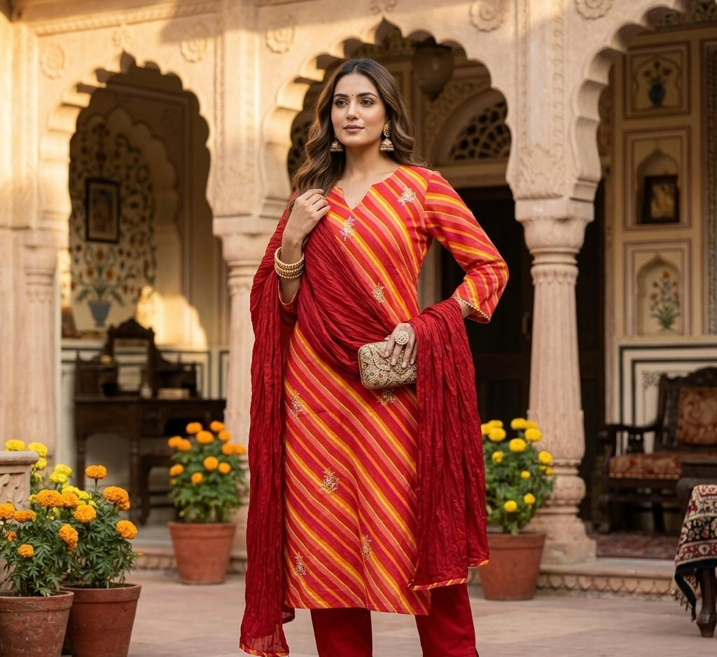 Gulabi Leheriya Dupatta Set