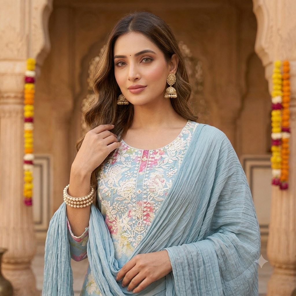 Blue Printed Chickenkaari Dupatta Set
