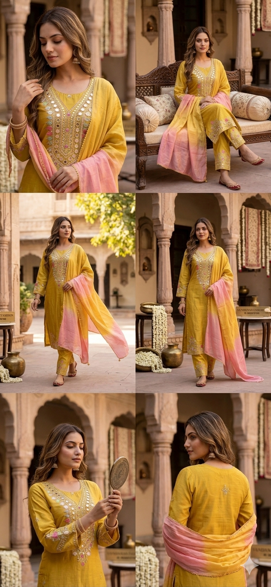 Yellow Gradient Mirror Dupatta Set
