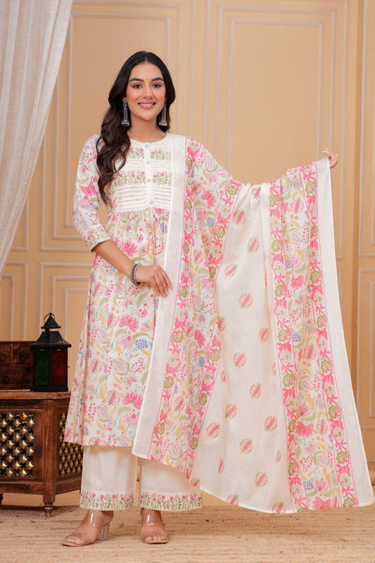 Pink Off Multi Phool Dupatta Set