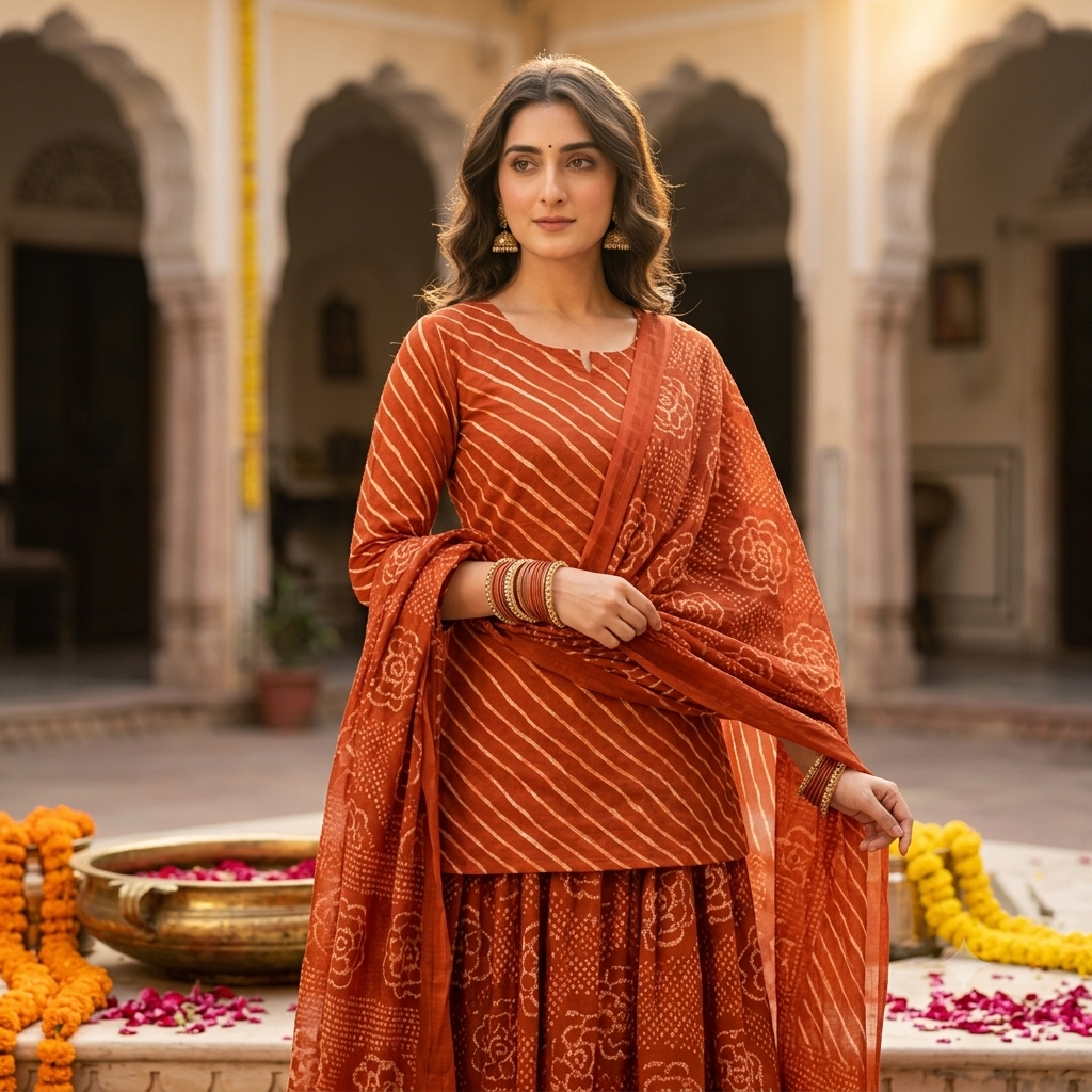 Leheriya Bandhani Lined Dupatta Set with Skirt