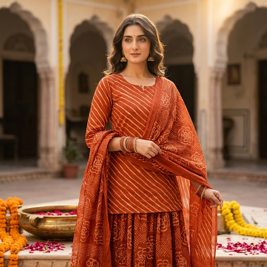 Leheriya Bandhani Lined Dupatta Set with Skirt