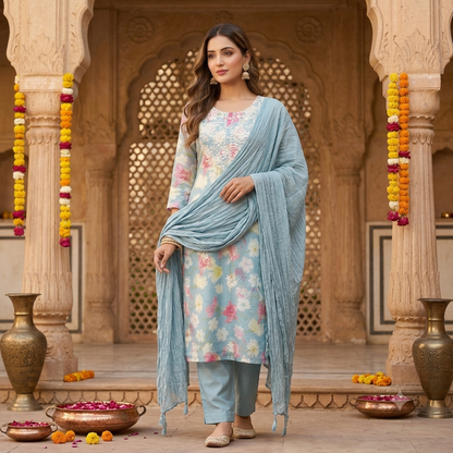 Blue Printed Chickenkaari Dupatta Set
