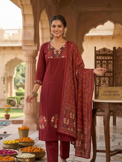 Crimson Cambric Cotton Dupatta Set
