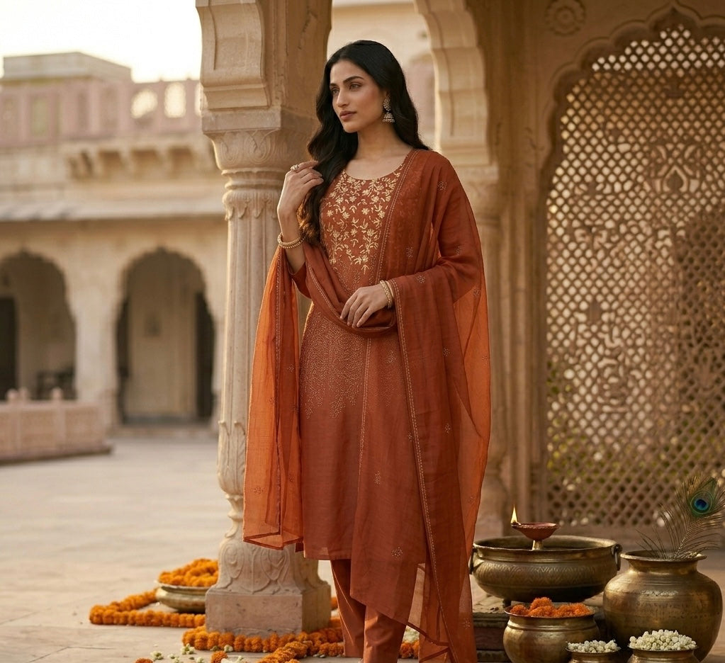 Spring Cambric Cotton Thread Embroidered Dupatta Set