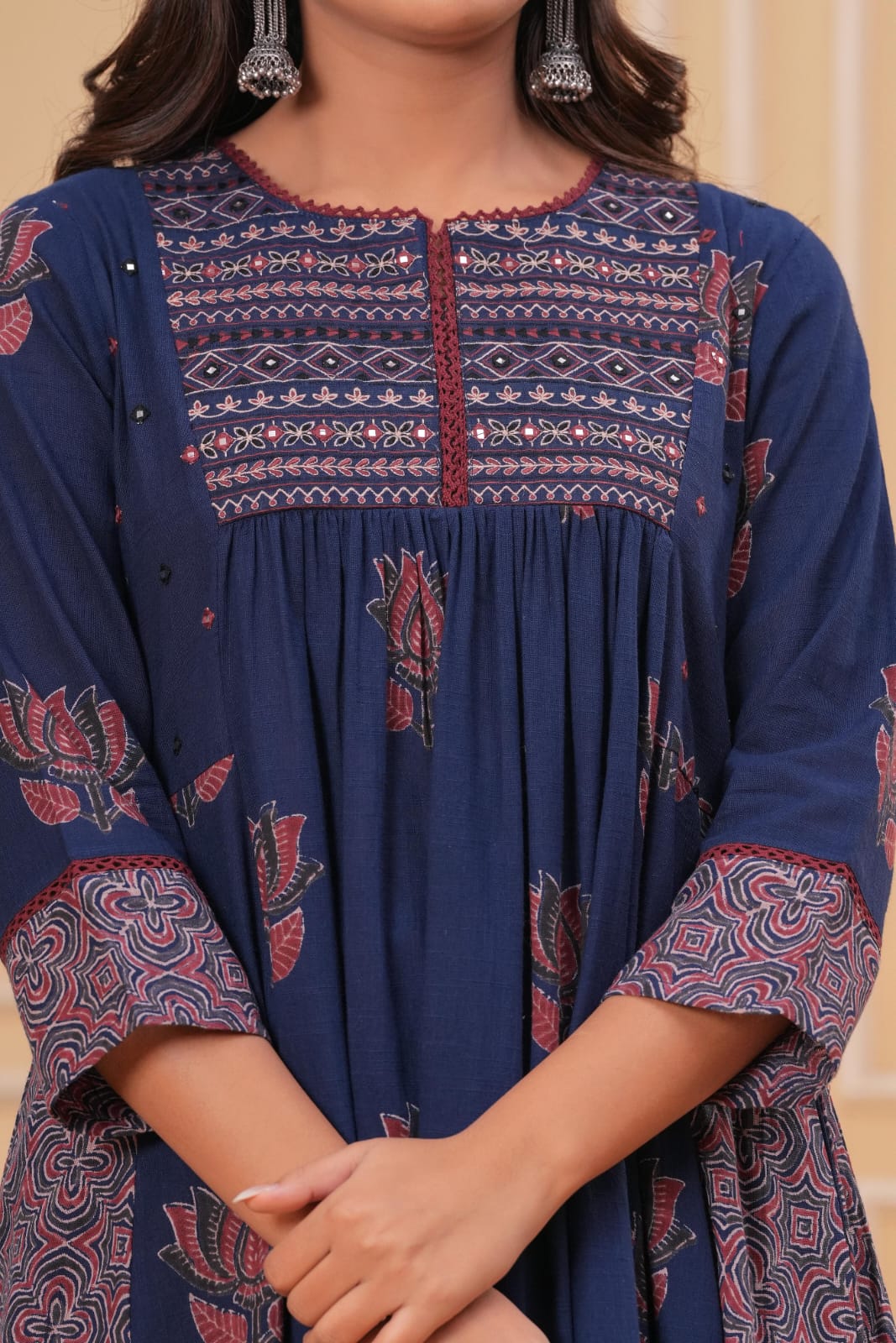 Lotus Print Cotton Flared Anarkali Kurti Set