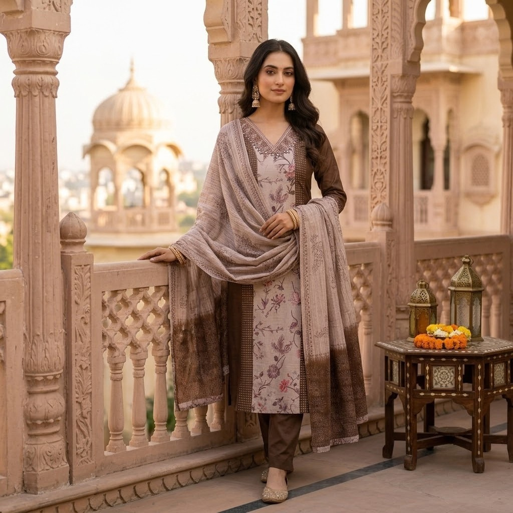 The Mocha Mirrorwork Dupatta Set