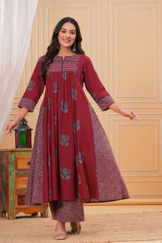 Lotus Print Cotton Flared Anarkali Kurti Set