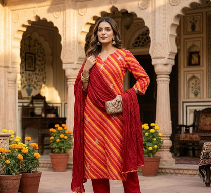 Gulabi Leheriya Dupatta Set