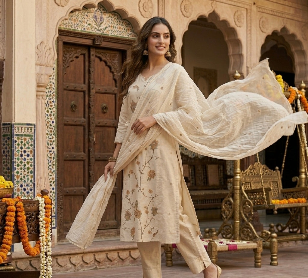 Simple Cross Stitch Embroidered Dupatta Set