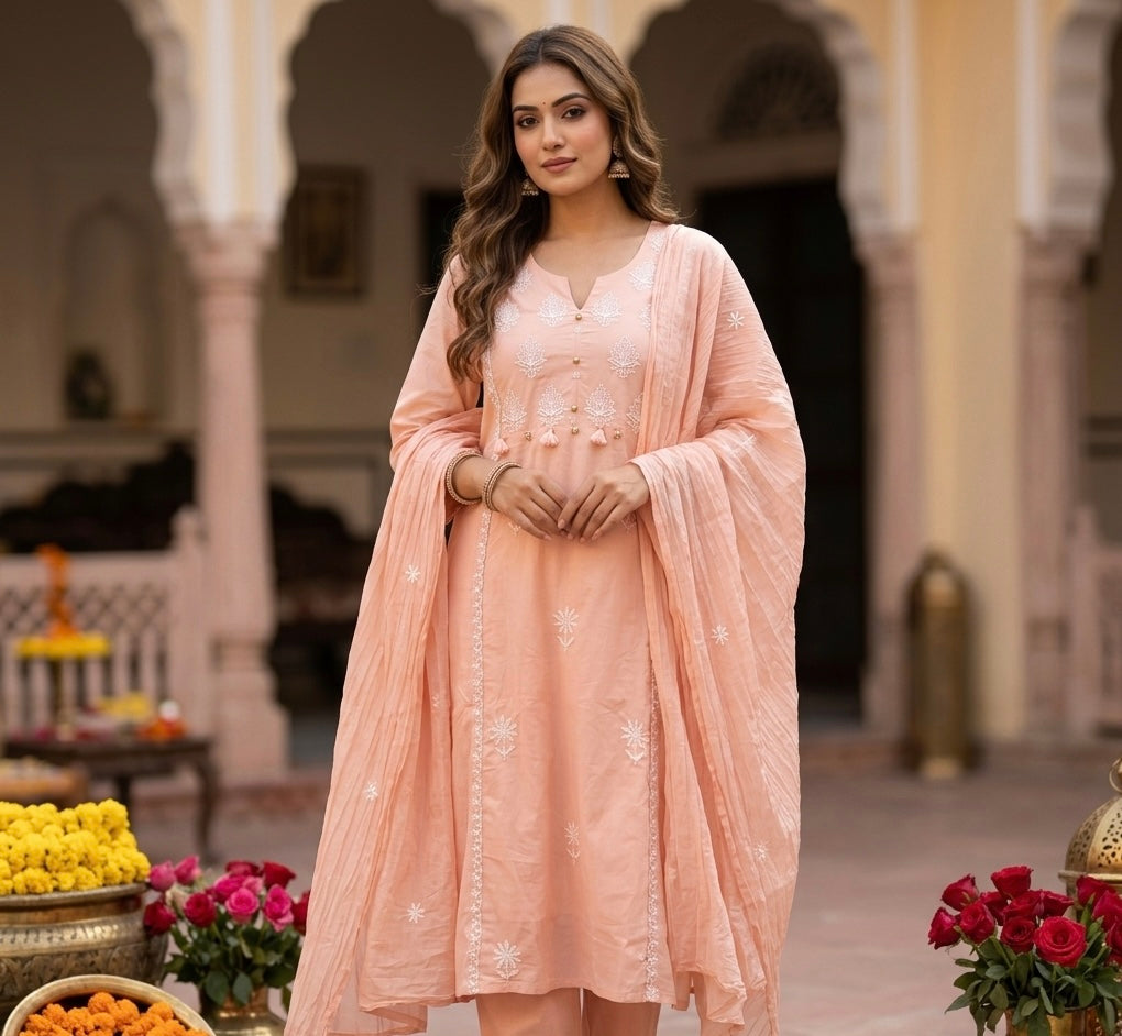 Pastel Coloured Thread Embroidered Dupatta Set