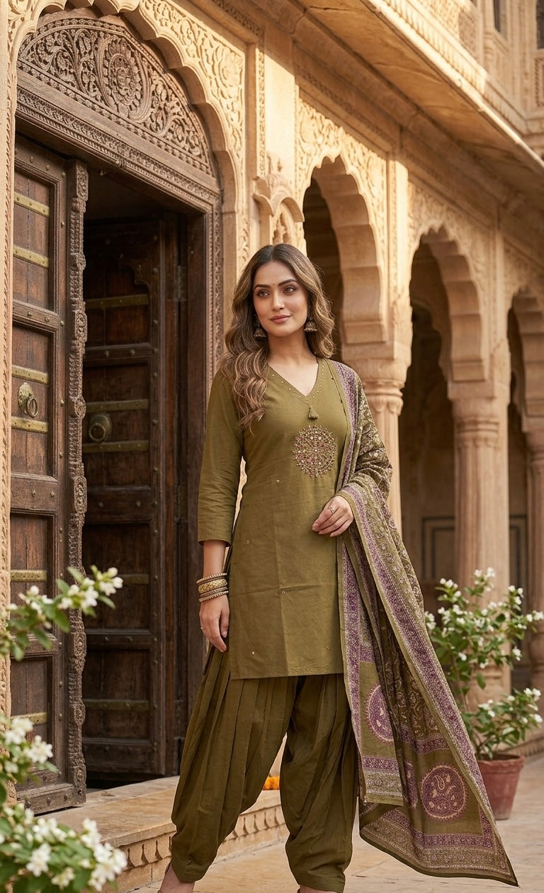 Imperial Olive Mirror-Work Farsi Salwar Set