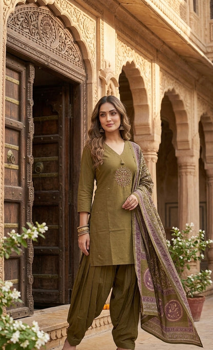 Imperial Olive Mirror-Work Farsi Salwar Set
