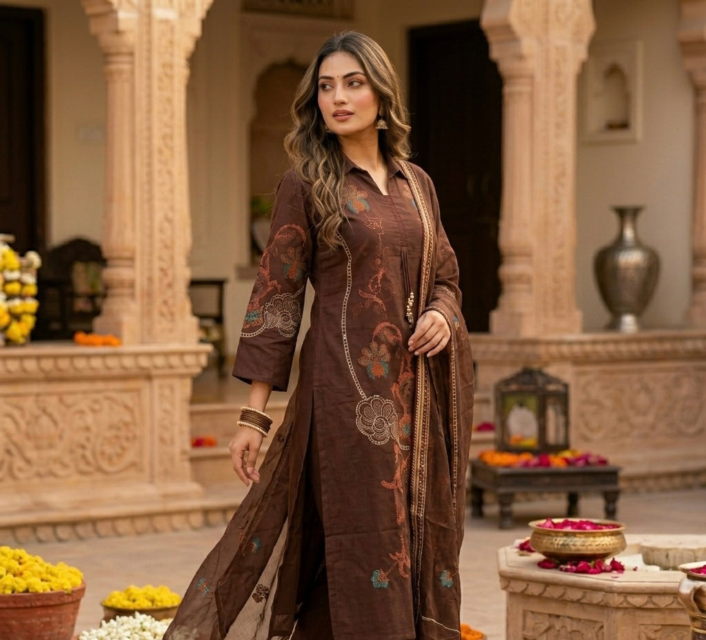 Earthy Elegance Cross Stitch Dupatta Set