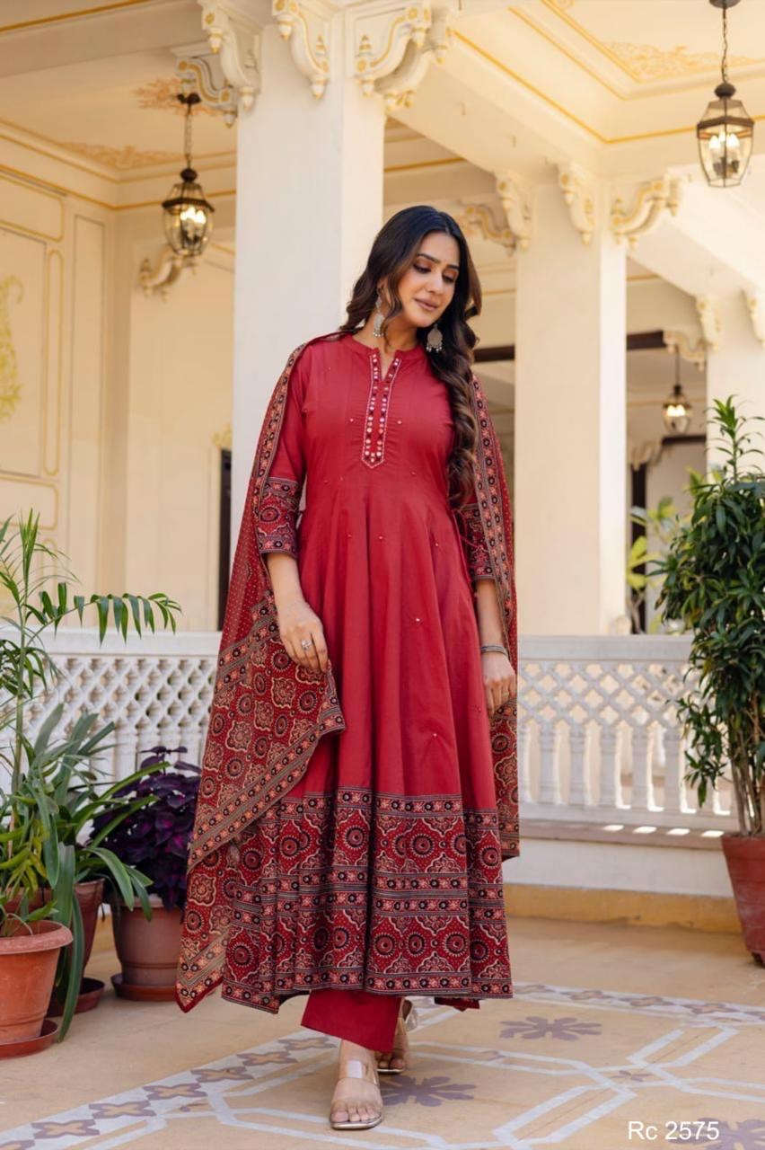 Pure Cotton Mirror Work Anarkali Dupatta Set