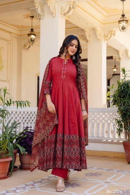 Pure Cotton Mirror Work Anarkali Dupatta Set