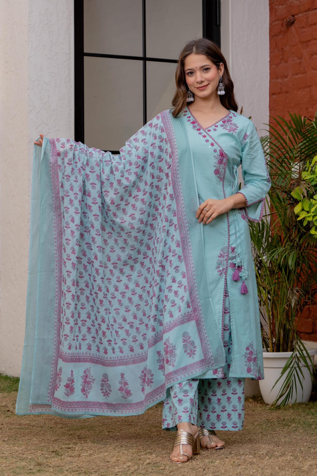 Ivory & Aqua Angrakha Dupatta Set