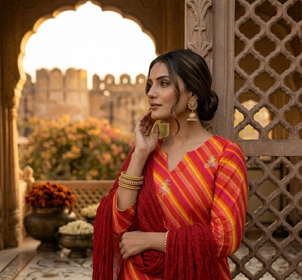 Gulabi Leheriya Dupatta Set
