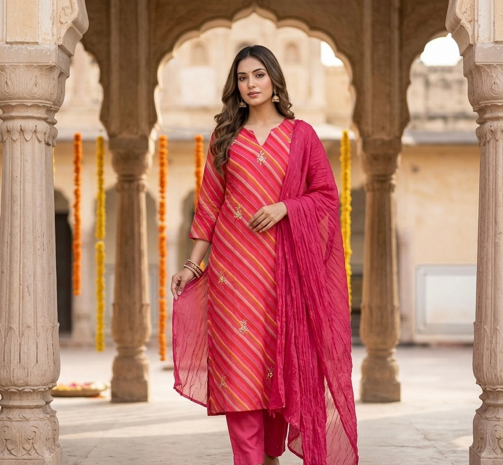 Gulabi Leheriya Dupatta Set