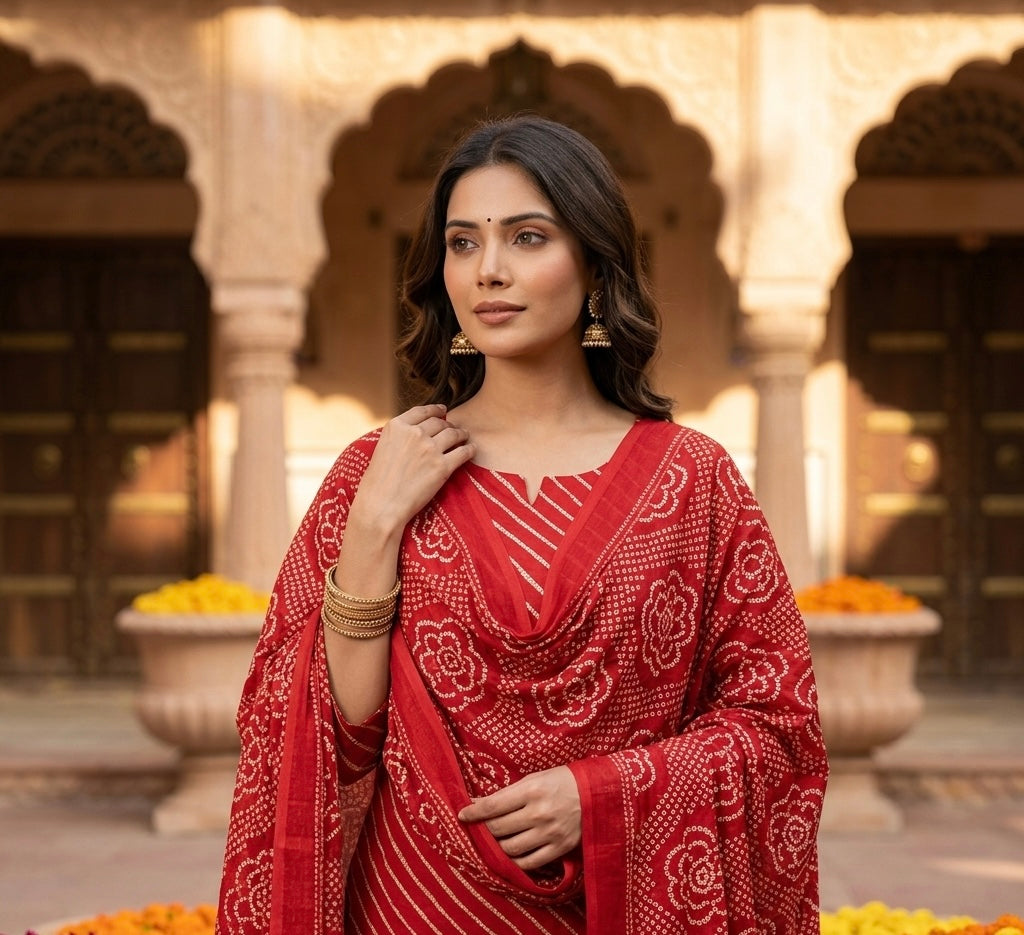 Leheriya Bandhani Lined Dupatta Set with Skirt