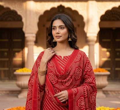 Leheriya Bandhani Lined Dupatta Set with Skirt
