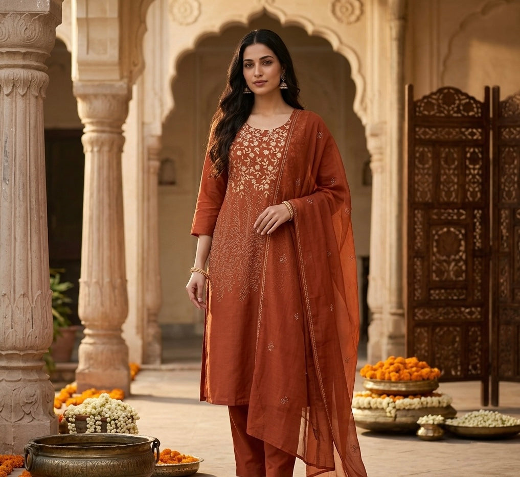 Spring Cambric Cotton Thread Embroidered Dupatta Set