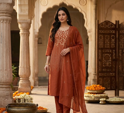 Spring Cambric Cotton Thread Embroidered Dupatta Set