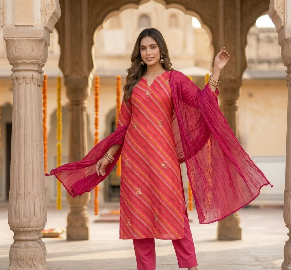Gulabi Leheriya Dupatta Set