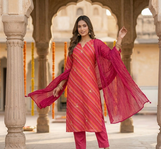 Gulabi Leheriya Dupatta Set