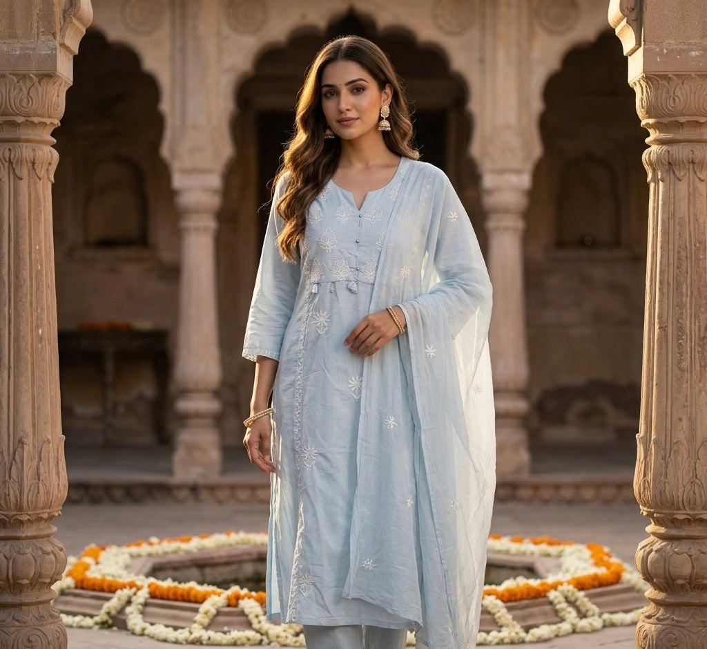 Pastel Coloured Thread Embroidered Dupatta Set
