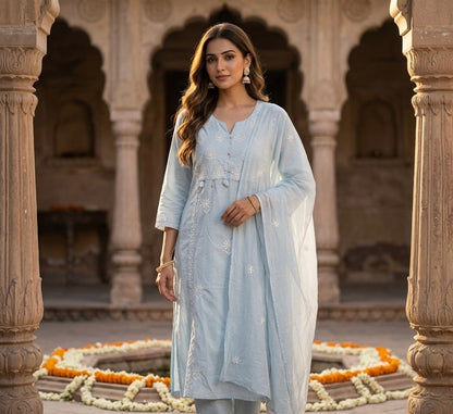 Pastel Coloured Thread Embroidered Dupatta Set