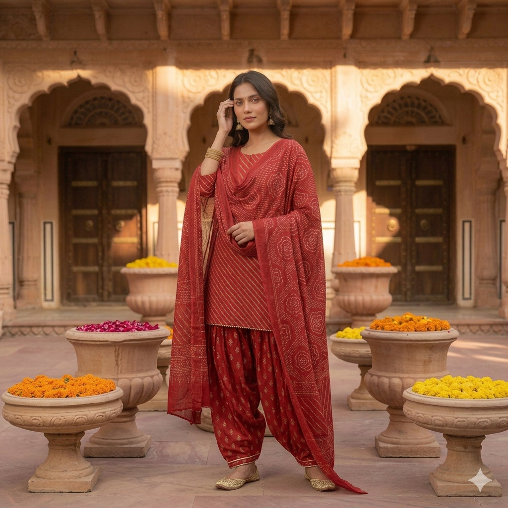 Leheriya Bandhani Lined Dupatta Set with Skirt