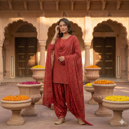 Leheriya Bandhani Lined Dupatta Set with Skirt