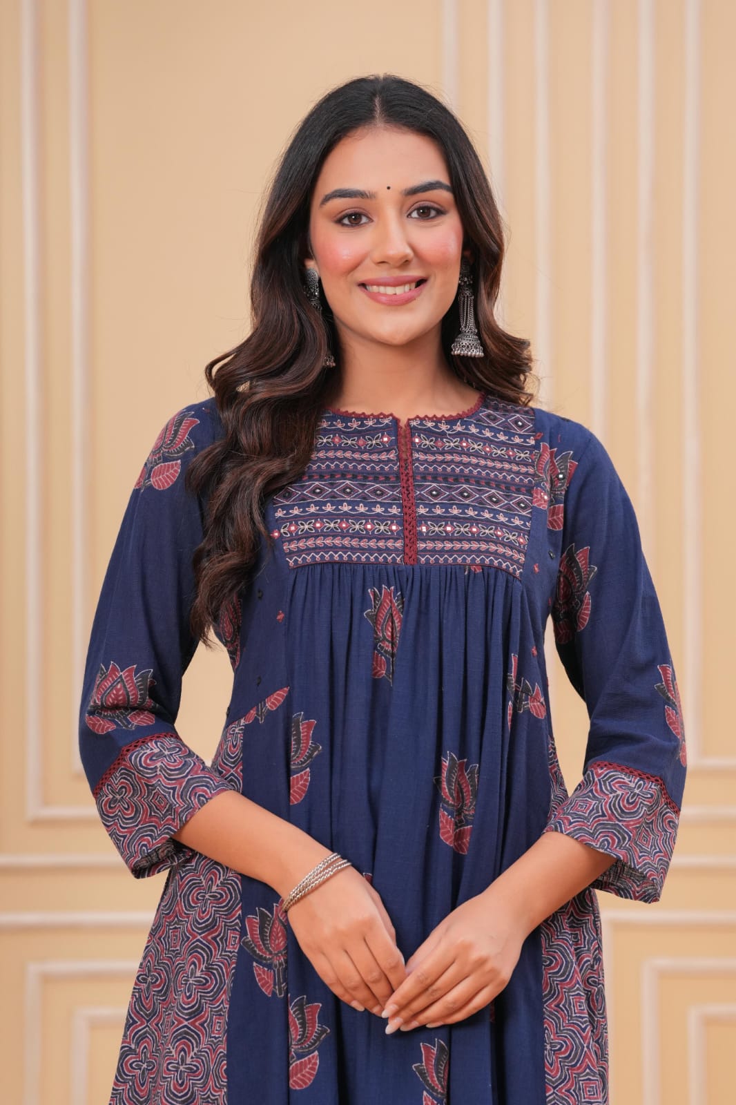 Lotus Print Cotton Flared Anarkali Kurti Set