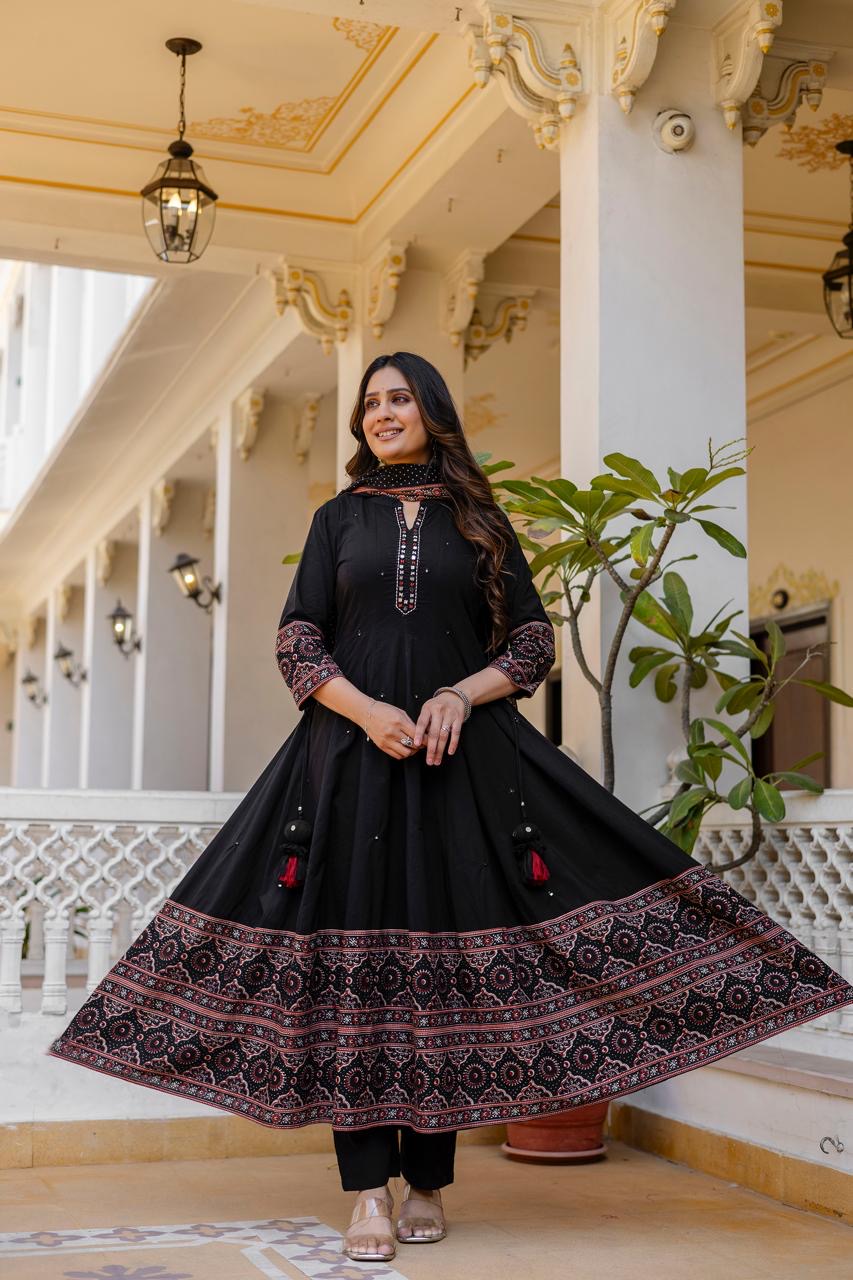Pure Cotton Mirror Work Anarkali Dupatta Set