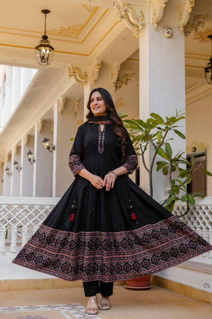 Pure Cotton Mirror Work Anarkali Dupatta Set