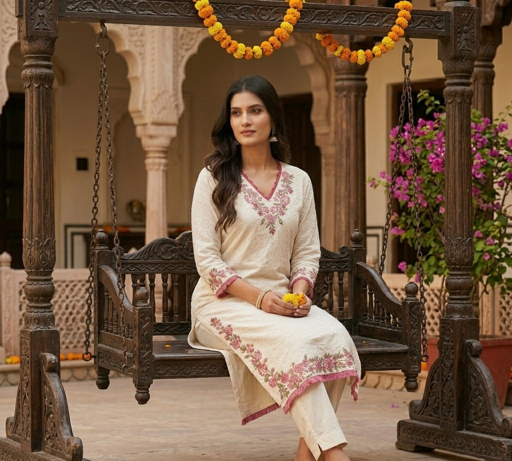 White Chickenkaari Kurti Set