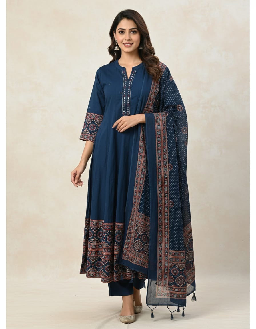 Pure Cotton Mirror Work Anarkali Dupatta Set
