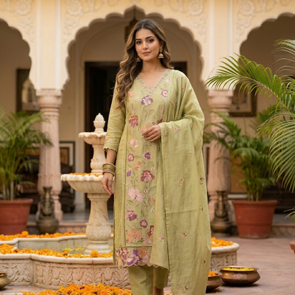 Meadow Blossom Dupatta Set With 3D Embroidery