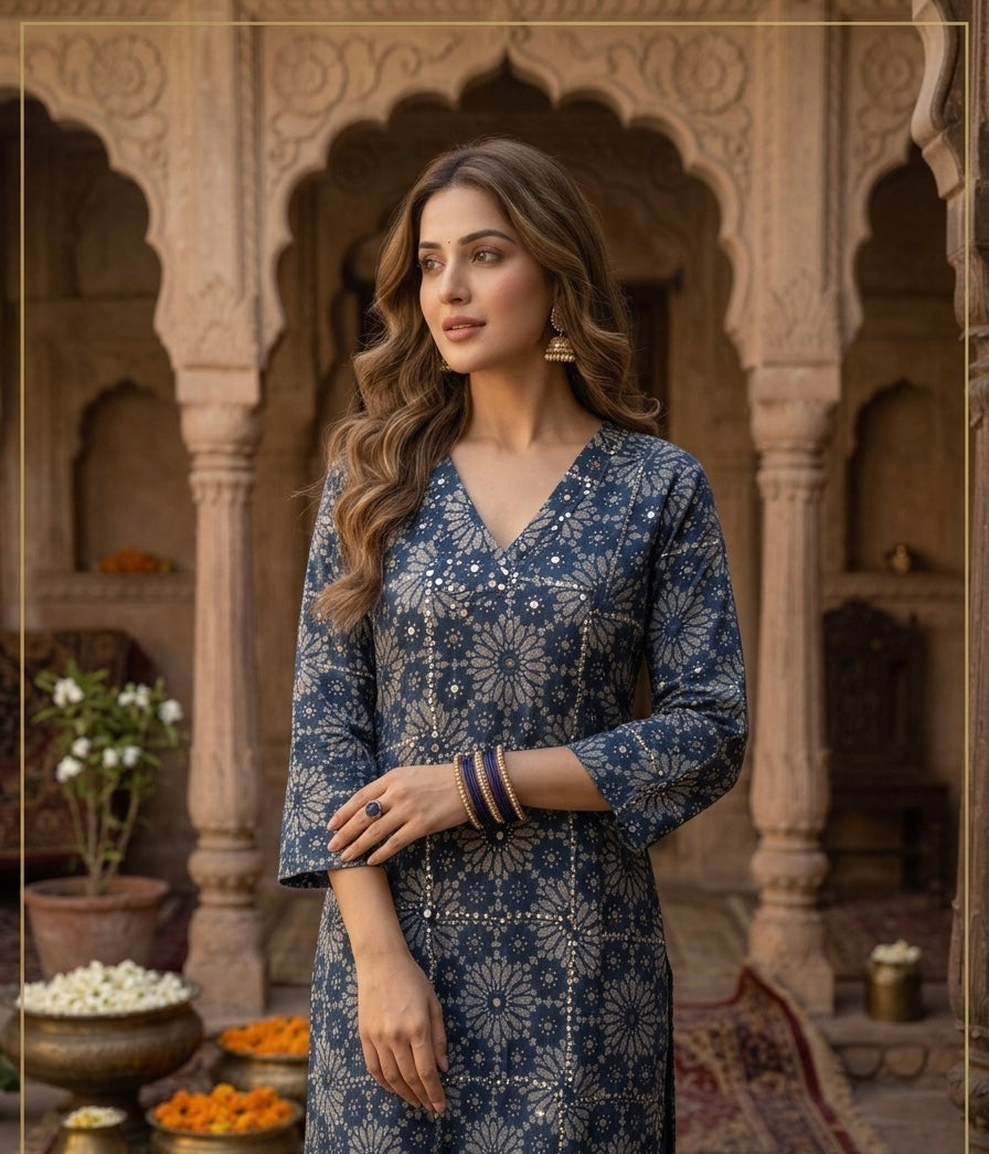 Handblock Flower Long Kurti
