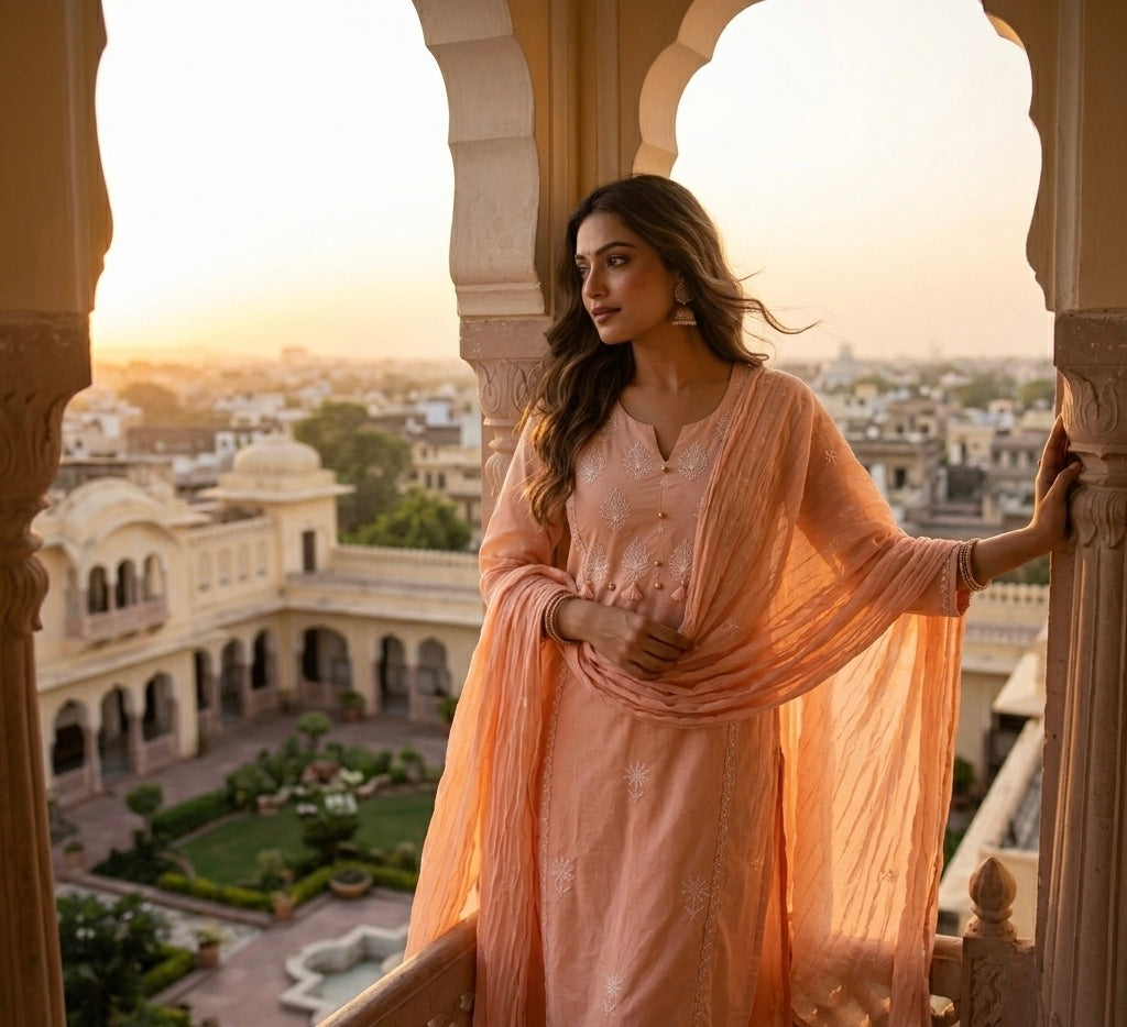Pastel Coloured Thread Embroidered Dupatta Set