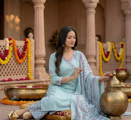 Ivory & Aqua Angrakha Dupatta Set