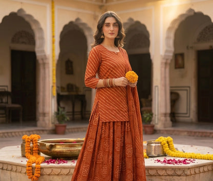 Leheriya Bandhani Lined Dupatta Set with Skirt