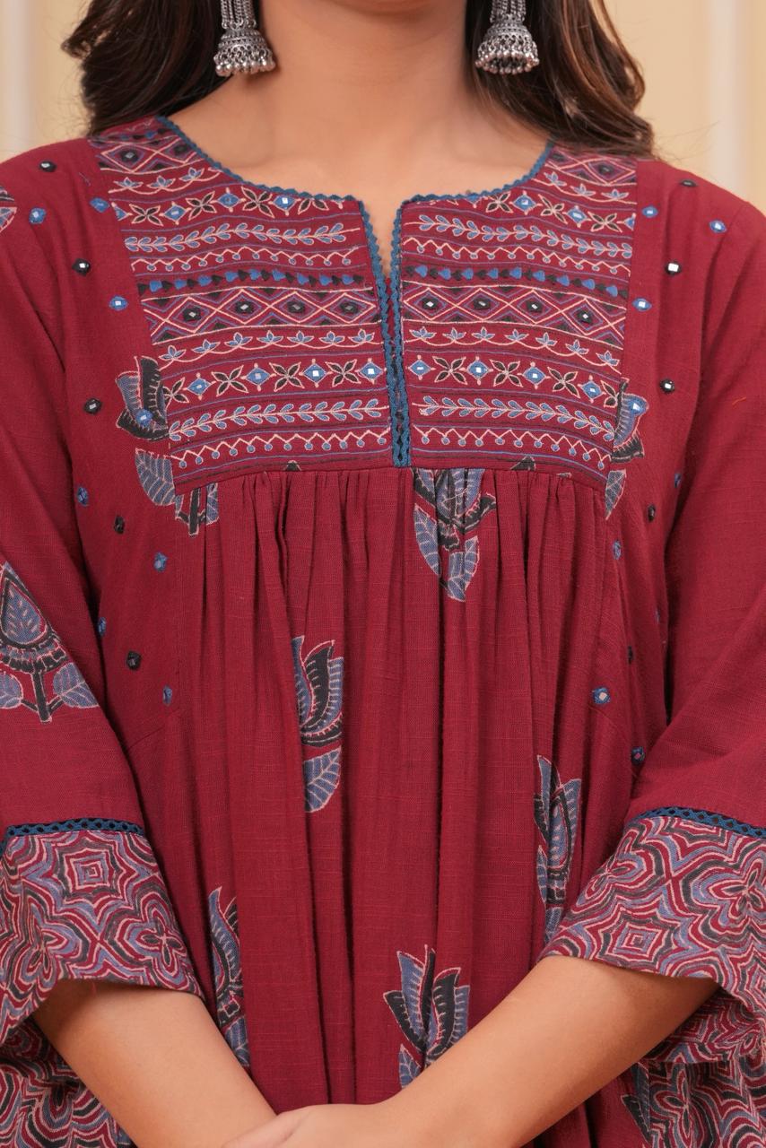 Lotus Print Cotton Flared Anarkali Kurti Set