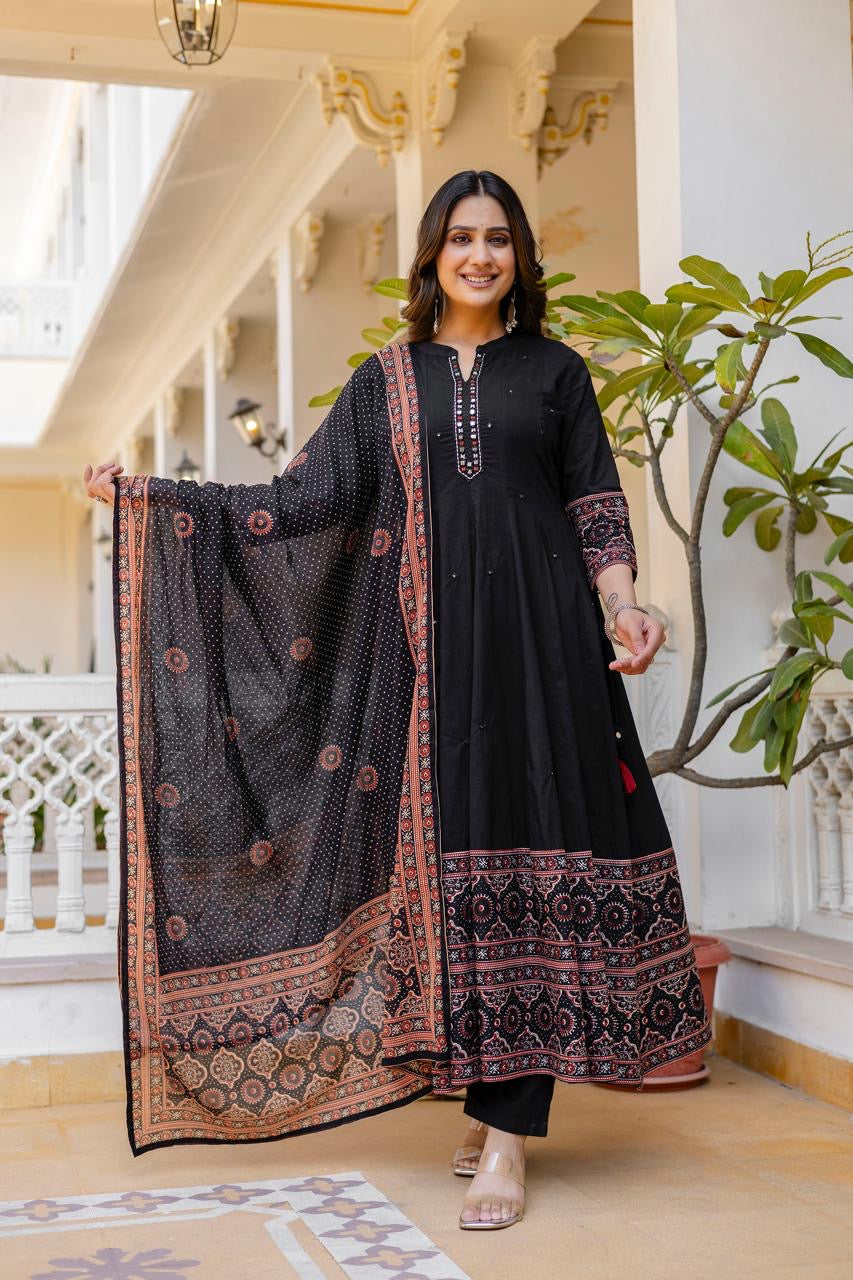 Pure Cotton Mirror Work Anarkali Dupatta Set