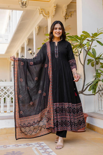 Pure Cotton Mirror Work Anarkali Dupatta Set