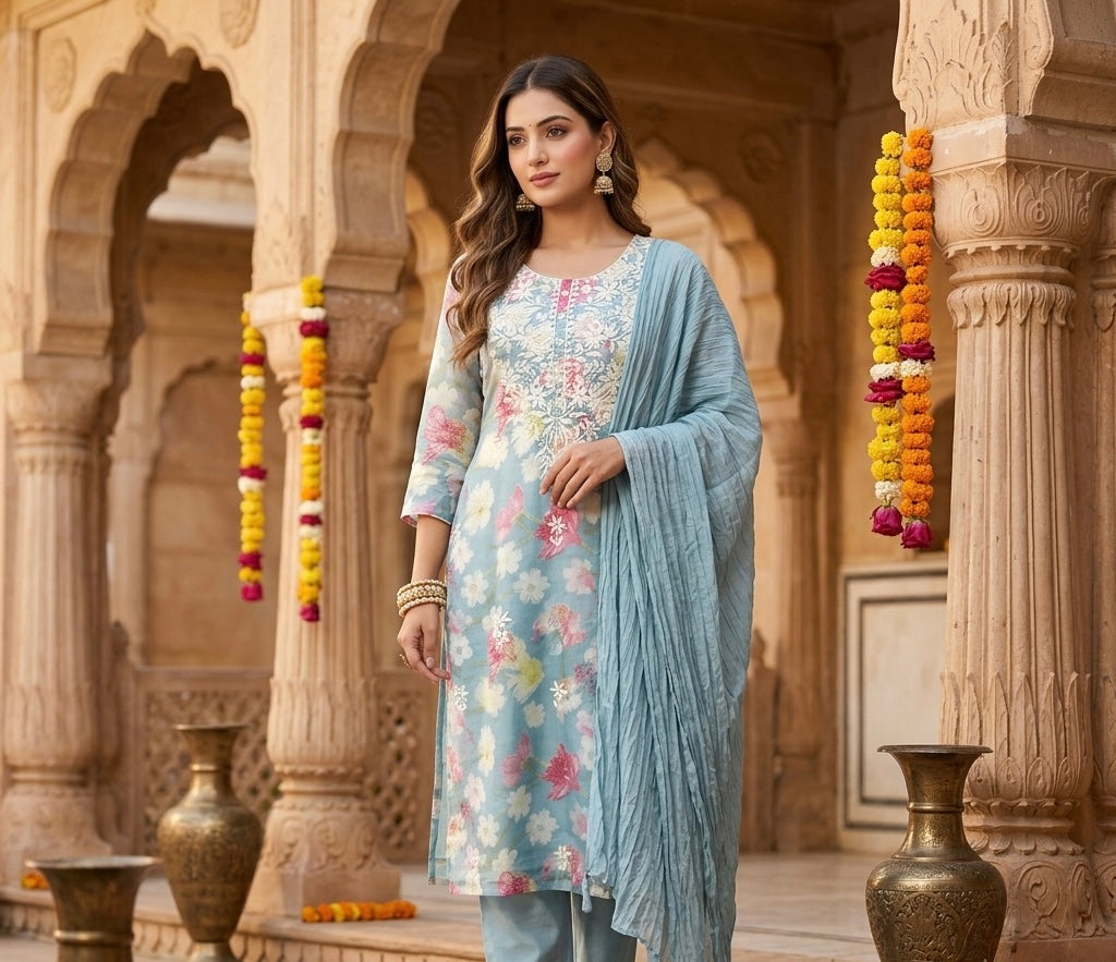 Blue Printed Chickenkaari Dupatta Set
