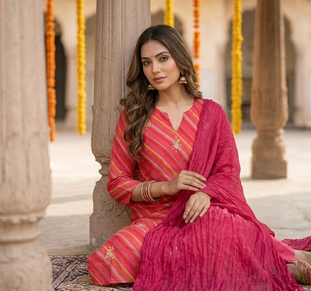 Gulabi Leheriya Dupatta Set